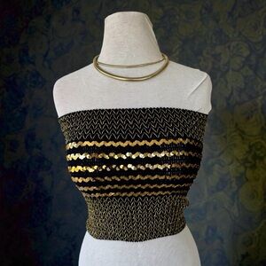 Vtg 70s Gold Black Stripe Sequin Tube Top OS Stretch Crop Party Disco Boho